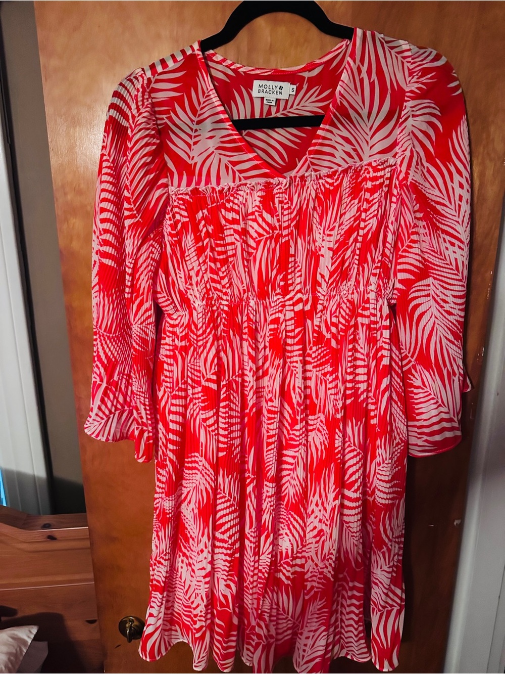 Molly Bracken Coral and White Tropical Leaf Dress